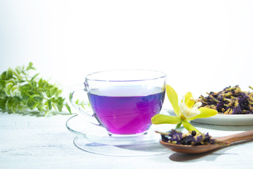 タイの青いお茶、バタフライピー茶にレモン汁をかけると紫に変色します。乾燥させたチョウマメの花（お茶の原料）