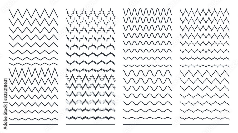 Poster set of zigzag wavy and curvy horizontal lines. flat vector design template elements
