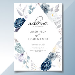 Navy blue floral wedding invitation card template with golden leaves and watercolor frame