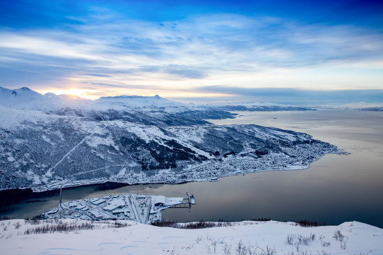 View from Mount Fargernes in Narvik, Northern Norway ,Winter landscape