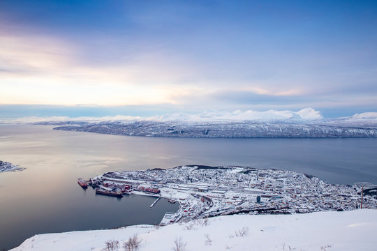 View from Mount Fargernes in Narvik, Northern Norway,Winter landscape