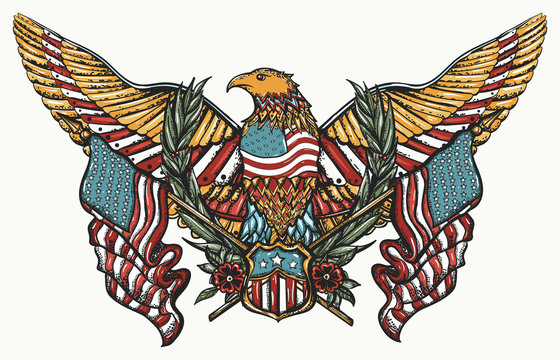 USA eagle and crossed American flags. Tattoo and t-shirt design. Patriotic art. United states concept