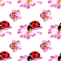 Obraz na płótnie Canvas watercolor illustration. hand painted. Seamless pattern of pink flowers and ladybugs on a white background.