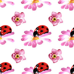 watercolor illustration. hand painted. Seamless pattern of pink flowers and ladybugs on a white background.