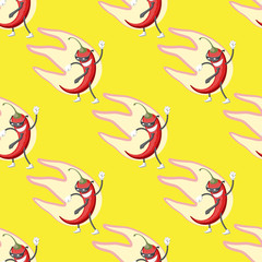 Seamless pattern with cartoon character pepper in the glasses and tie smiling at the fire on a yellow background. Vector image