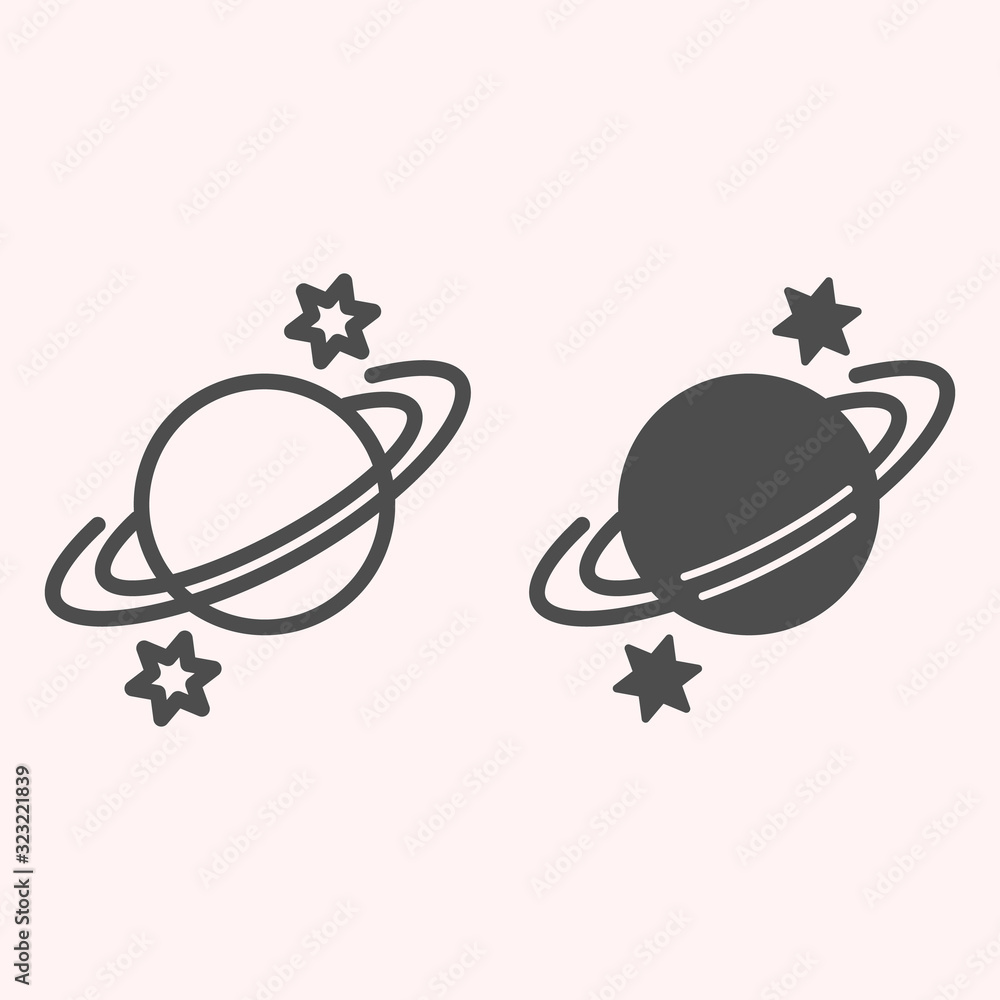 Poster Saturn line and glyph icon. Planet with rings and stars around. Astronomy vector design concept, outline style pictogram on white background, use for web and app. Eps 10.