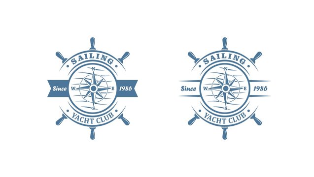 Set of color logos for yacht club. Vector illustration of a steering wheel, compass, waves and text on a white background. The illustration advertises sailing and a trip on a yacht.