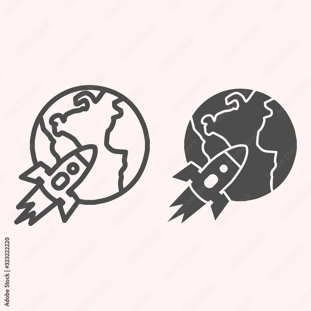Poster rocket with planet line and glyph icon. earth with flying spaceship. astronomy vector design concept
