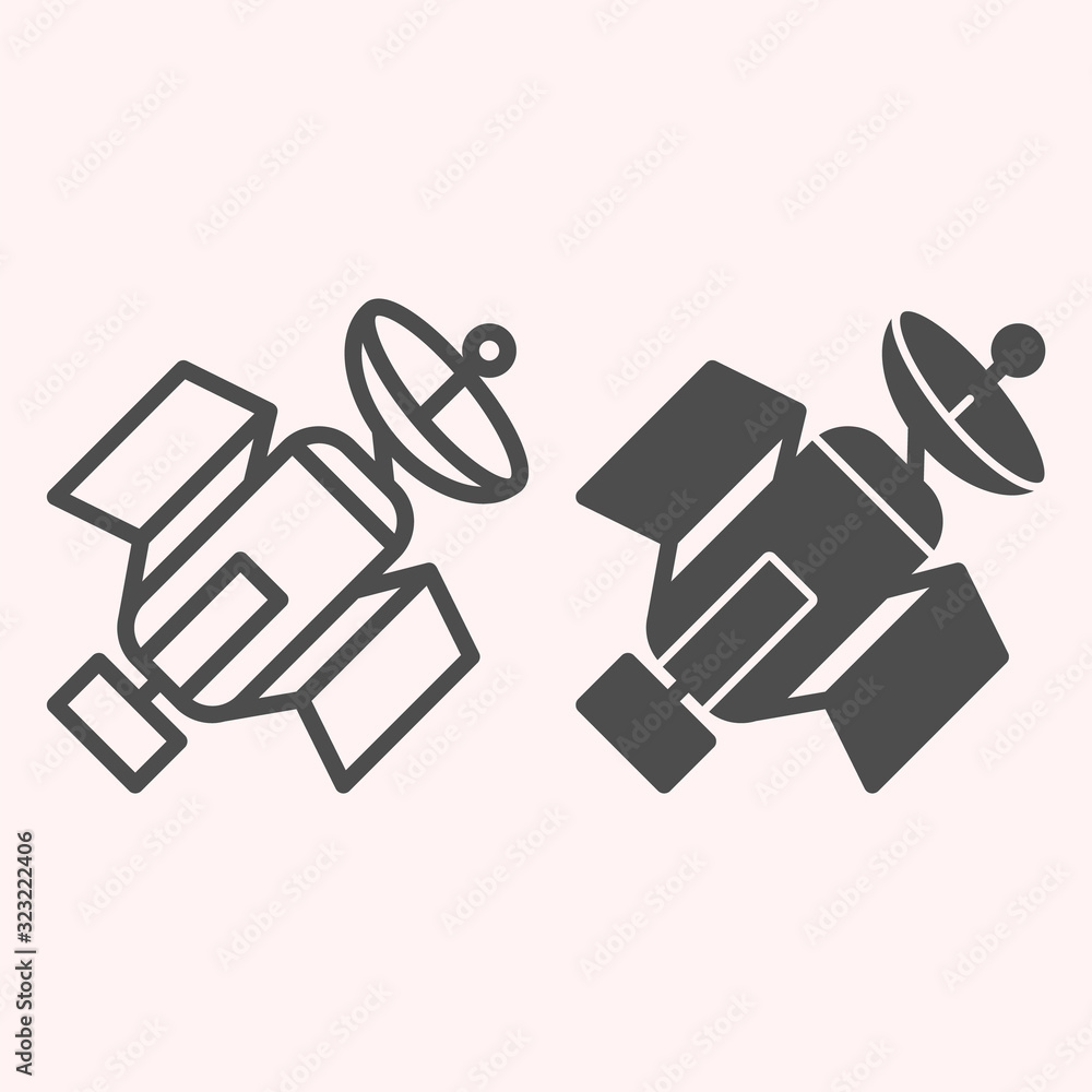Poster satellite line and glyph icon. communication device for space with strong connection antenna. astron