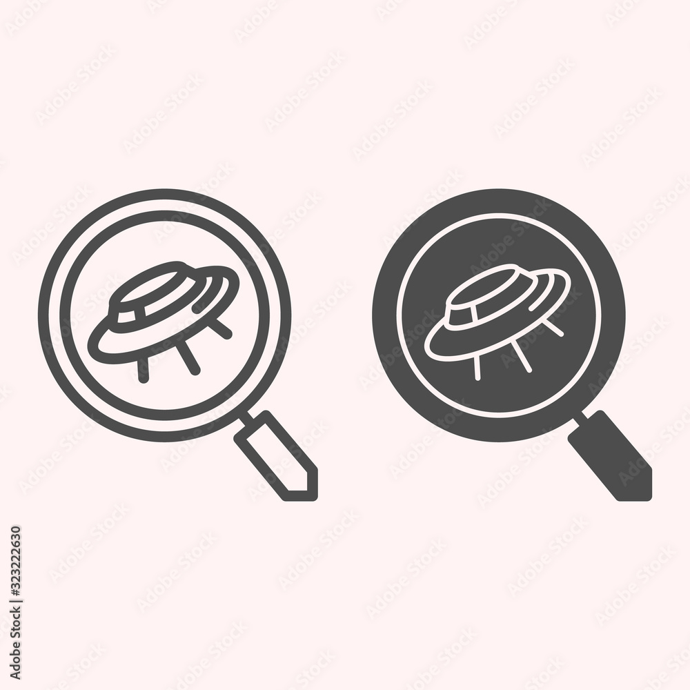 Aufkleber search scan for ufo line and glyph icon. spaceship and lens, magnifier. astronomy vector design conc