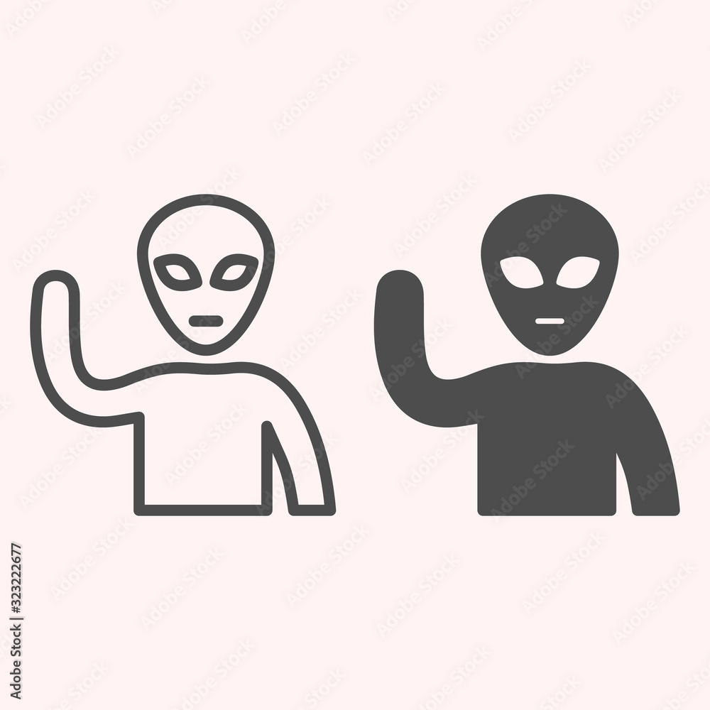 Poster hello world line and glyph icon. humanoid alien with smilling face. astronomy vector design concept,