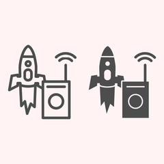 Successful rocket launch line and glyph icon. Missile and radio. Astronomy vector design concept, outline style pictogram on white background, use for web and app. Eps 10.