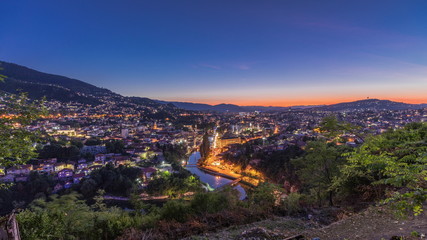 City view of Sarajevo from most popular panoramic spot in Sarajevo day to night timelapse.