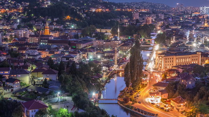 City view of Sarajevo from most popular panoramic spot in Sarajevo day to night timelapse.