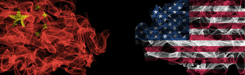 Flags of China and USA on Black background, China vs USA Smoke Flags