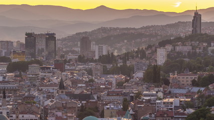 City view of Sarajevo from most popular panoramic spot in Sarajevo day to night timelapse.