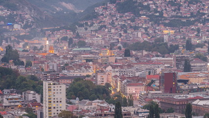 Aerial view of the historic part of Sarajevo city day to night timelapse.