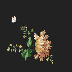 Colorful flower on dark background,Flowers watercolor illustration,leaves and floral，Design for textile, wallpapers