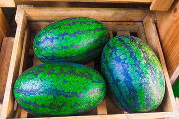 Group of fresh ripe green small watermelons in wooden box. Tropical exotic fruit, berry