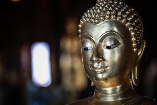 Selective focus  close-up shots of of the Buddha images with soft light and layout design for a beautiful religious background.