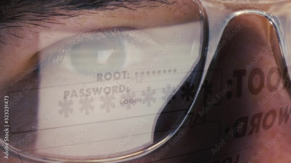 Poster working man logs into his account with username and password - screen is reflected on his glasses - 