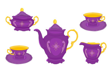 Coffee or tea crockery set isolated on white background. Teapot, cups, milk jug and sugar basin. Tea time service collection. Coffee time utensils in violet colors for party. Stock vector illustration