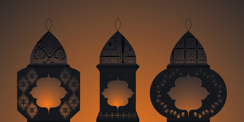 Vector illustration of eastern lanterns.Arab fanous or vintage fanoos, antique glowing lamp with candle or hanging muslim light for arabic holiday.Muslim and eastern holiday theme, background objects