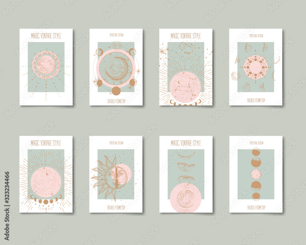 Wall mural set of mystical and mysterious illustrations in hand drawn style. minimalistic objects made in the s