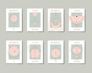 Set of mystical and mysterious illustrations in hand drawn style.  Minimalistic objects made in the style.  boho style signs and symbols. outer space, moon, sun system. vector.