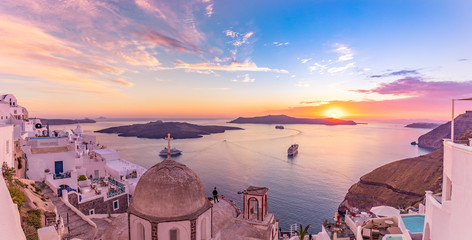 Amazing evening view of Santorini island. Picturesque spring sunset on the famous Greek resort Fira, Greece, Europe. Traveling concept background. Artistic style post processed photo. Summer vacation - obrazy, fototapety, plakaty