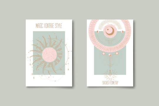 Set of mystical and mysterious illustrations in hand drawn style.  Minimalistic objects made in the style.  boho style signs and symbols. outer space, moon, sun system. vector.