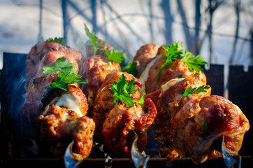 Pork skewers on skewers, cooked on the grill. Background for cooking on an open fire.