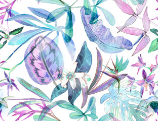  Pastel tropical seamless pattern with tropical flowers, banana leaves.