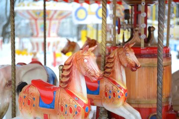 Horses carousel amusement entertainment park. carousel with horses, amusement park element. Children s entertainment, merry-go-round, funfair carnival. Colorful swing ride. Horse merry-go-round