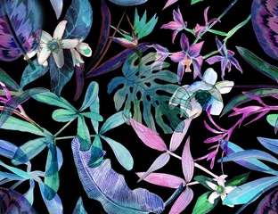 Tapeten Tropisches nahtloses Muster mit tropischen Blumen, Bananenblättern. Gemalt in Aquarell auf schwarzem Hintergrund. © Арина Трапезникова