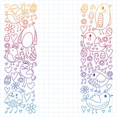 Pattern kids fabric, textile, nursery wallpaper. Vector illustration. Hand drawn singing birds and flowers for little children.