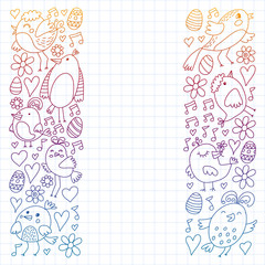 Pattern kids fabric, textile, nursery wallpaper. Vector illustration. Hand drawn singing birds and flowers for little children.