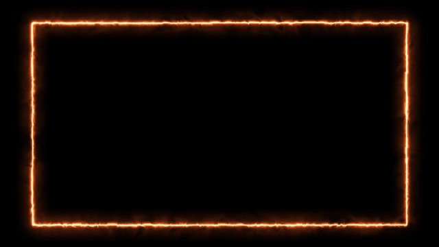 Empty frame with electric power round border glowing, burning flame sign. Blank rectangle fire with electric power around frame lights. The best stock photo image of orange electric energy power