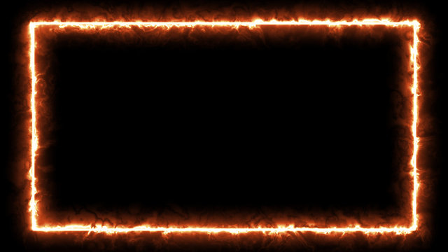 Empty frame with fire border glowing, burning flame signboard. Blank rectangle sign fire flames around frame lights. The best stock of photo image signboard orange fire burning on black background