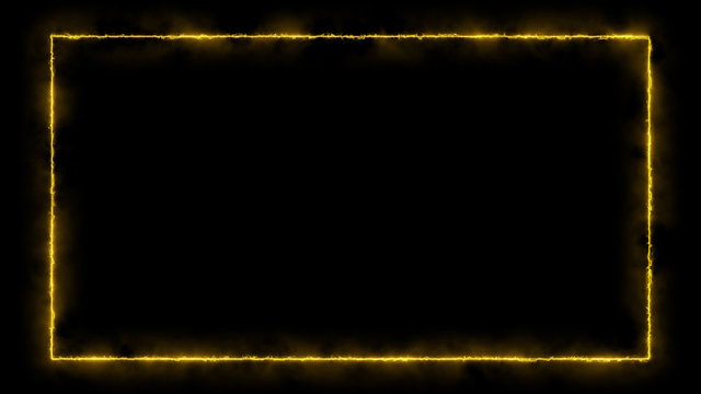 Empty frame with fire border glowing, burning flame signboard. Blank rectangle sign fire flames around frame lights. The best stock of photo image signboard yellow fire burning on black background