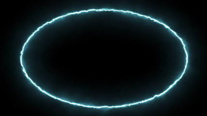 Empty e lip circle, circular frame with electric power border glowing, burning flame sign. Blank circle fire with electric power around frame lights. The best stock of animation emerald electric power
