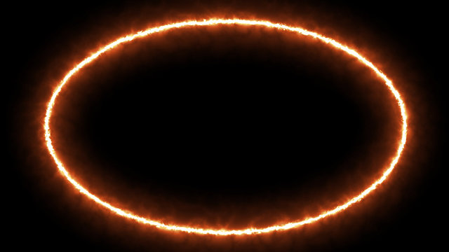 Empty e lip circle, circular frame with fire border glowing, burning flame signboard. Blank elip circle sign fire flames around frame lights. The best stock of image frame signboard orange fire burn