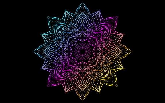 Circle pattern petal flower of mandala with Geadient colorful,Vector floral mandala patterns unique design with black background,Hand drawn pattern