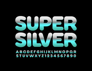 Vector Super Silver Alphabet Letters and Numbers. Shiny reflective Font with turquoise gradient