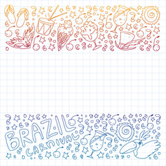 Brazilian vector pattern with palm, beach, firework. Brazil icons for posters and banners.