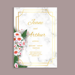 Elegant wedding invitation with watercolour flowers, green leaves design, and marble textured background. Template vector image.