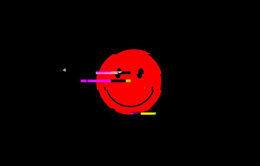 A small red happy smiling face (smile icon), with an intentional digital distortion glitch. Ugly, unsettling abstract symbol.