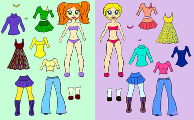 Fototapeta na wymiar Vector girl with colorful clothes. Two girls with clothes. Paper cartoon toys for children