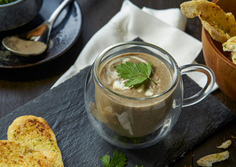 Mushroom soup with cream serve with garlic bread for breakfast meal
