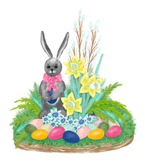 Easter rabbit with narcissus flowers and eggs, illustration for postcard, poster or invitation